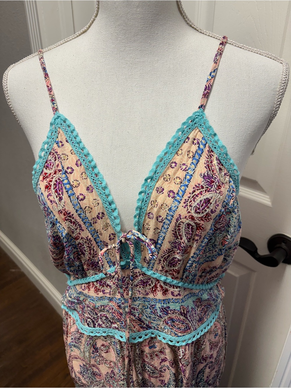 Coco and Carmen Boho Maxi Dress XXL Paisley Print Turquoise Crochet Trim Tassel